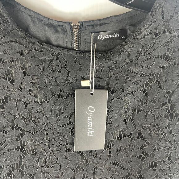 NWT Oyamiki Short Sleeve Black Lace Round Neck Shirt Top Blouse Women's Size XXL - Picture 3 of 8